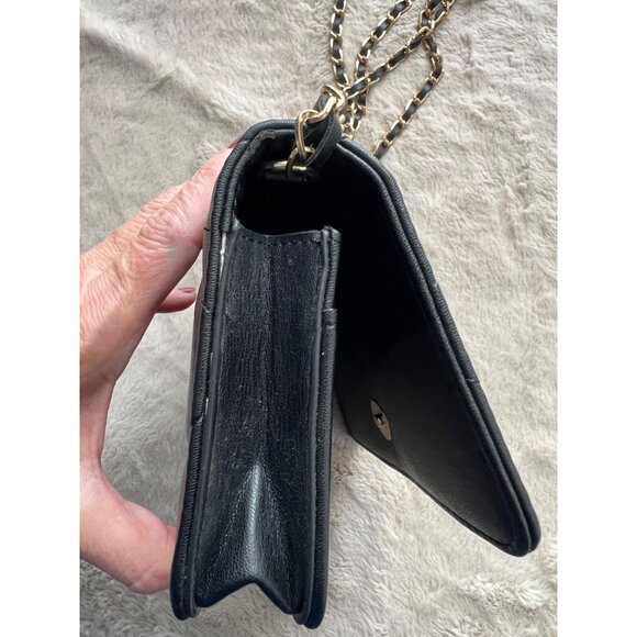 Bebe Quilted Black Leather Crossbody Purse With Gold Chain Strap & Rhinestone Lo - Picture 4 of 15